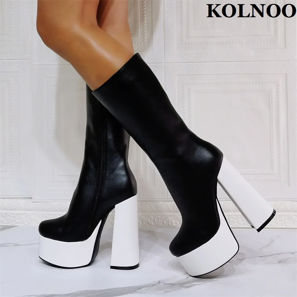 

Kolnoo Handmade Womens Chunky Heel Mid-calf Boots Two-tones Sexy Platform Party Prom Winter Booties Evening Fashion Black Shoes