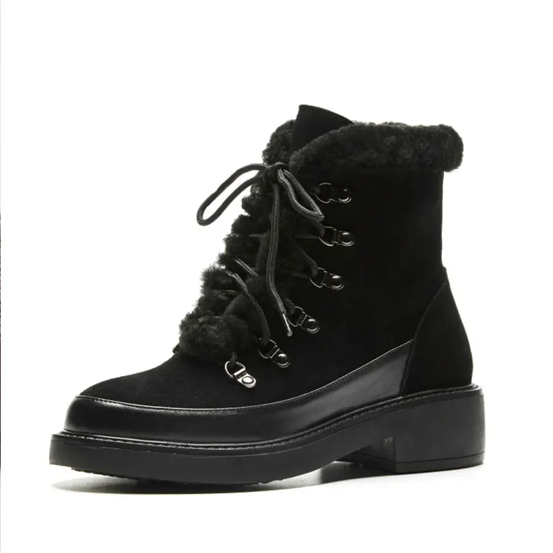 

Women's Genuine Leather Round Toe Platform Boots Low Heels Black Stitching with Angola Martin Boots Ankle Lace Up Bootie
