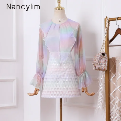 

Two-piece Set for Woman Autumn Outfit New Temperament Rainbow Blusas Coat + Skirt Fashion Two Piece Suit Femme Vestidos
