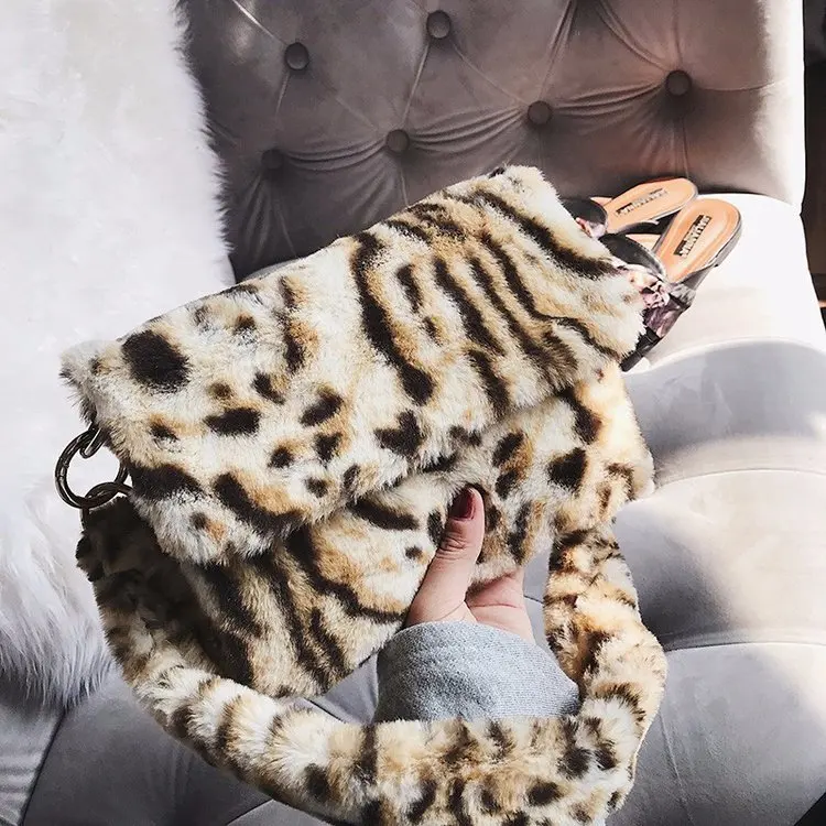 

Fashion Leopard Faux Fur Bag Women Shoulder Bags Vintage Soft Plush Cheetah Printed Crossbody Messenger Bag Lady Women's Bags