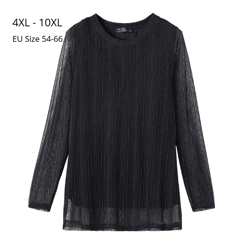 Женская Весенняя футболка с длинными рукавами размера плюс 10XL 8XL 6XL 4XL, женская футболка с круглым вырезом, сетчатый топ в полоску, тонкие футболки для женщин