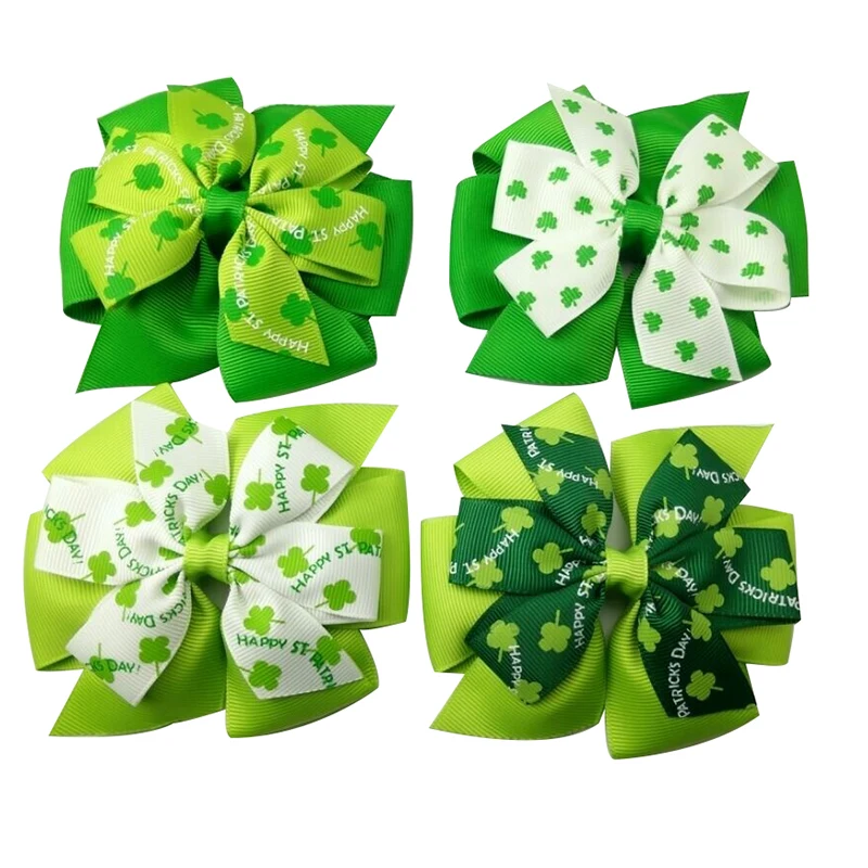 4,5 дюймов 1 упаковка 4 шт День Святого Патрика shamrock печать зеленый/белый волос лук зажим для шпильки для волос