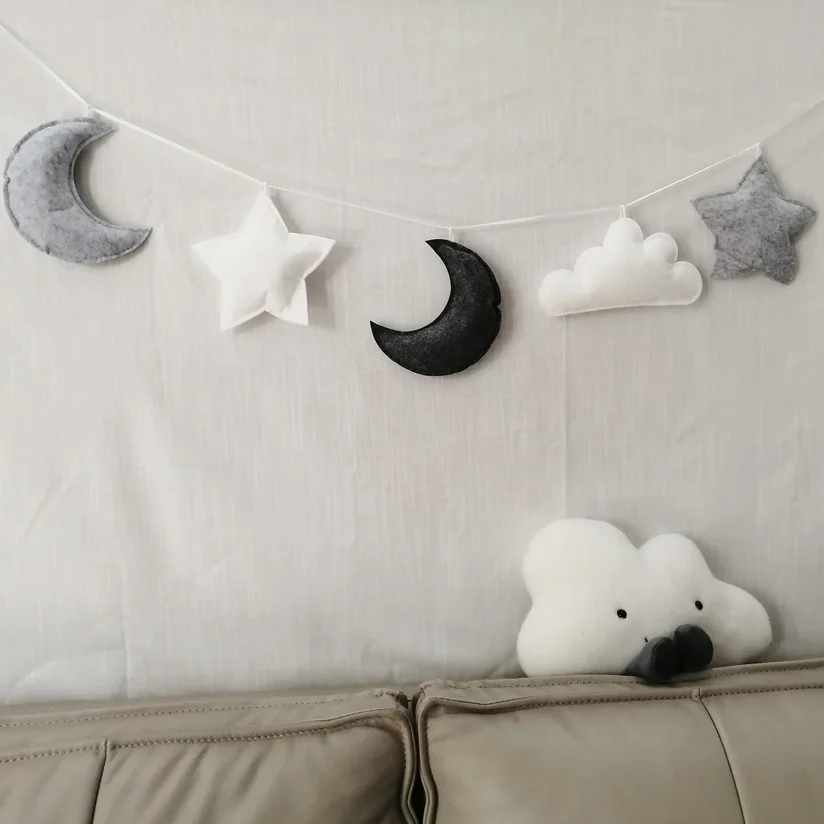 

Nordic Gray White Pink Baby Room Handmade Nursery Star Moon Garlands Christmas Kids Room Wall Decorations Photography Props