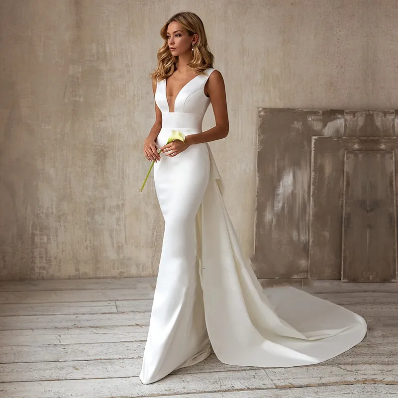 Vinca Sunny Mermaid Wedding Dresses 2023 with Detachable Train Bow White Ivory Boho Wedding Bridal Gown V-Neck abito da sposa