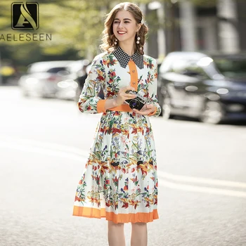 

AELESEEN Runway Fashion Spring Summer Dress 2020 Women's Long Sleeve Dots Floral Print Pleated Midi Holiday Dress Vestidos