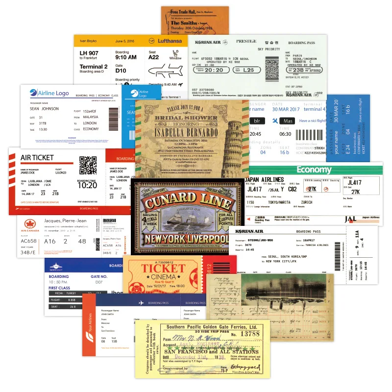 

55 Pcs Vintage Airline Boarding Pass Ticket Stickers for Laptop Luggage Skateboard Fridge Cup DIY Decal Retro Waterproof Sticker
