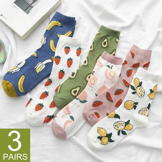 3 Pair New Cartoon Fruit Cotton Socks Harajuku Kawaii Cute Strawberry  Designer Women Fashion Street Korean