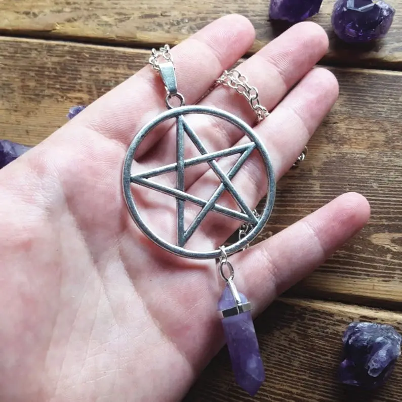 Посеребренный Серебряный тон Warlock пентаграмма И фиолетовое ожерелье кулон цепь шестиугольная кристалл тигровый глаз подходит для женщин ювелирный подарок - Окраска металла: Посеребренный
