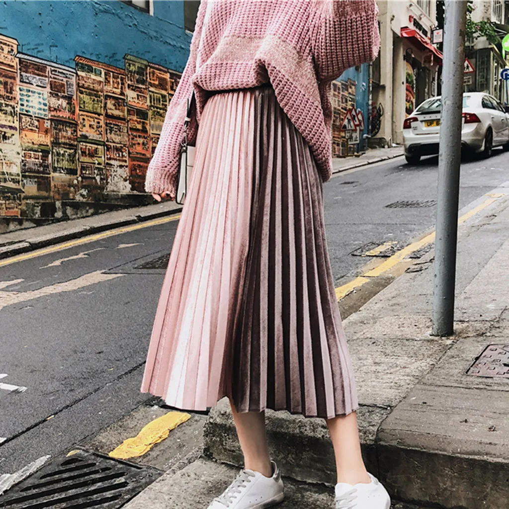 C KLV/Для женщин юбка faldas mujer moda חצאיות Весна высокого с эластичной талией Золотая бархатная кружевная плиссированная юбка - Цвет: C