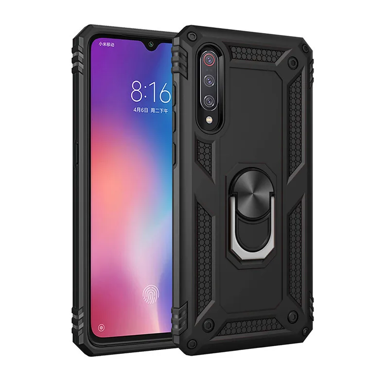 Phone Case for Xiaomi 9 9SE CC9E A3 CC9 A3 Lite 9T 9T Pro Redmi Note 7 K20 Pro 7A PC TPU Anti-fall Back Cover with Ring Bracket - Цвет: Black