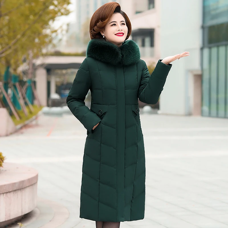 Теплая зимняя женская куртка больших размеров 5XL 6XL, женские длинные парки с капюшоном и меховым воротником, приталенная женская пуховая хлопковая куртка, зимнее пальто - Цвет: Зеленый