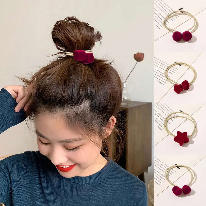 

1Pcs Rubber Band Stars Geometric Hair Rope Hair Accessories Scrunchie Ponytail Holder Elegant Vintage Red Velvet Hair Ring