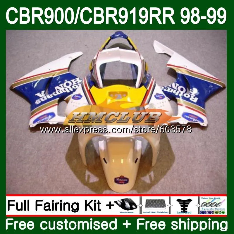 Body For HONDA CBR 919RR CBR900 RR CBR 919 RR 1998 1999 78CL.14 CBR900RR CBR919RR CBR 900RR CBR919 RR 98 99 Fairing White Blue