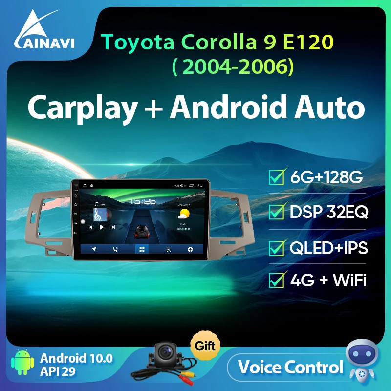 Ainavi Android 10 0 автомобильный радиоприемник 6 + 128G QLED для Toyota Corolla 9 E120 2004-2006