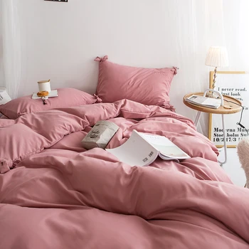 

2019 New Linen Bed Sheet Four-piece Set Double 1.8m Bed Sheet Quilt Cover Pure Color Simple Bedding