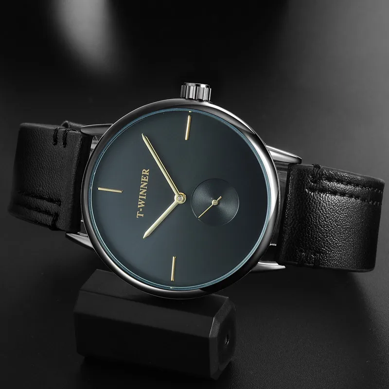 P gold allblack T-WINNER, мужские механические часы, победитель, Лидирующий бренд, ручная работа, нержавеющая сталь, кожаный ремешок, Forsining, простые мужские водонепроницаемые часы - Цвет: P gold allblack