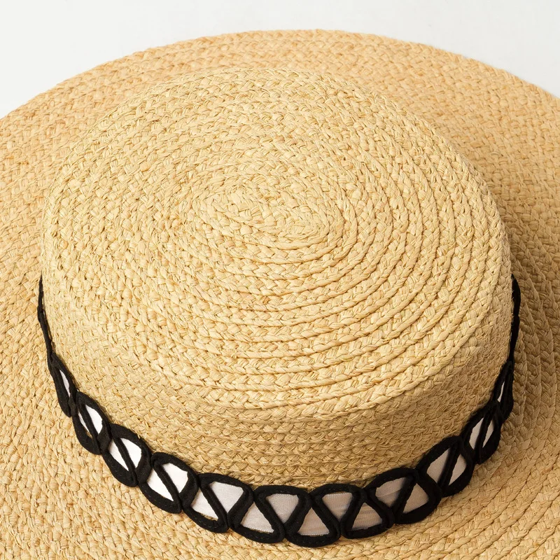 New women Summer Hat Spring decorative belt Lafite grass Ladies Cap Fashionable Handmade Casual Flat Brim Sun Hats for Women