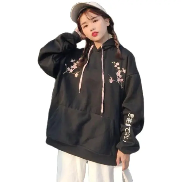 

Autumn and winter Korean fashion college wind hooded plum Japanese embroidery big pockets fleece thick loose Sweatshirts