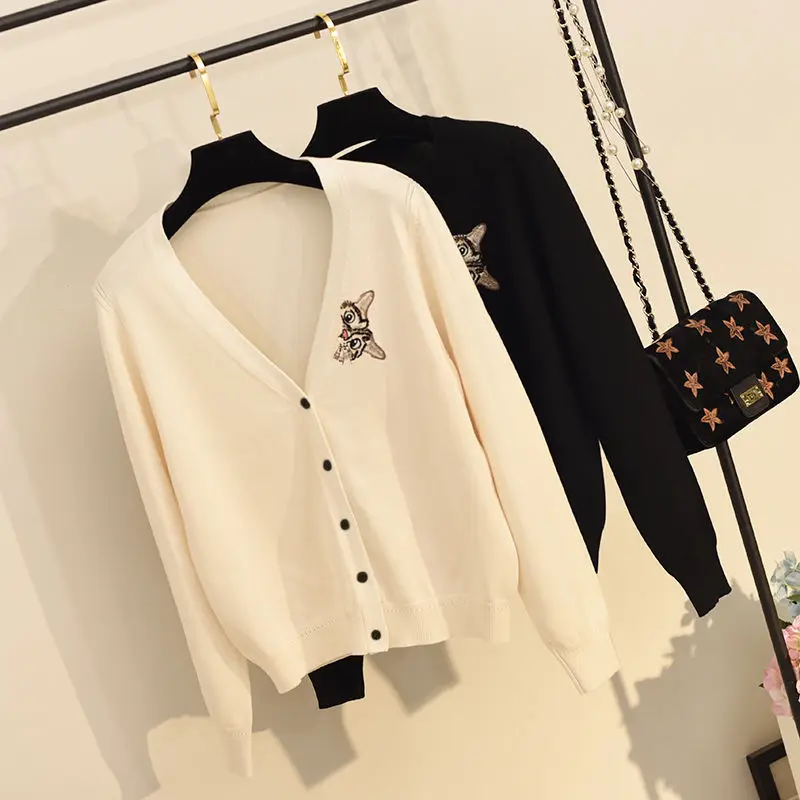 

Spring New Model Women's Short All-match Sweater Cardigan Cat Embroidered Coat Sweater Outdoor