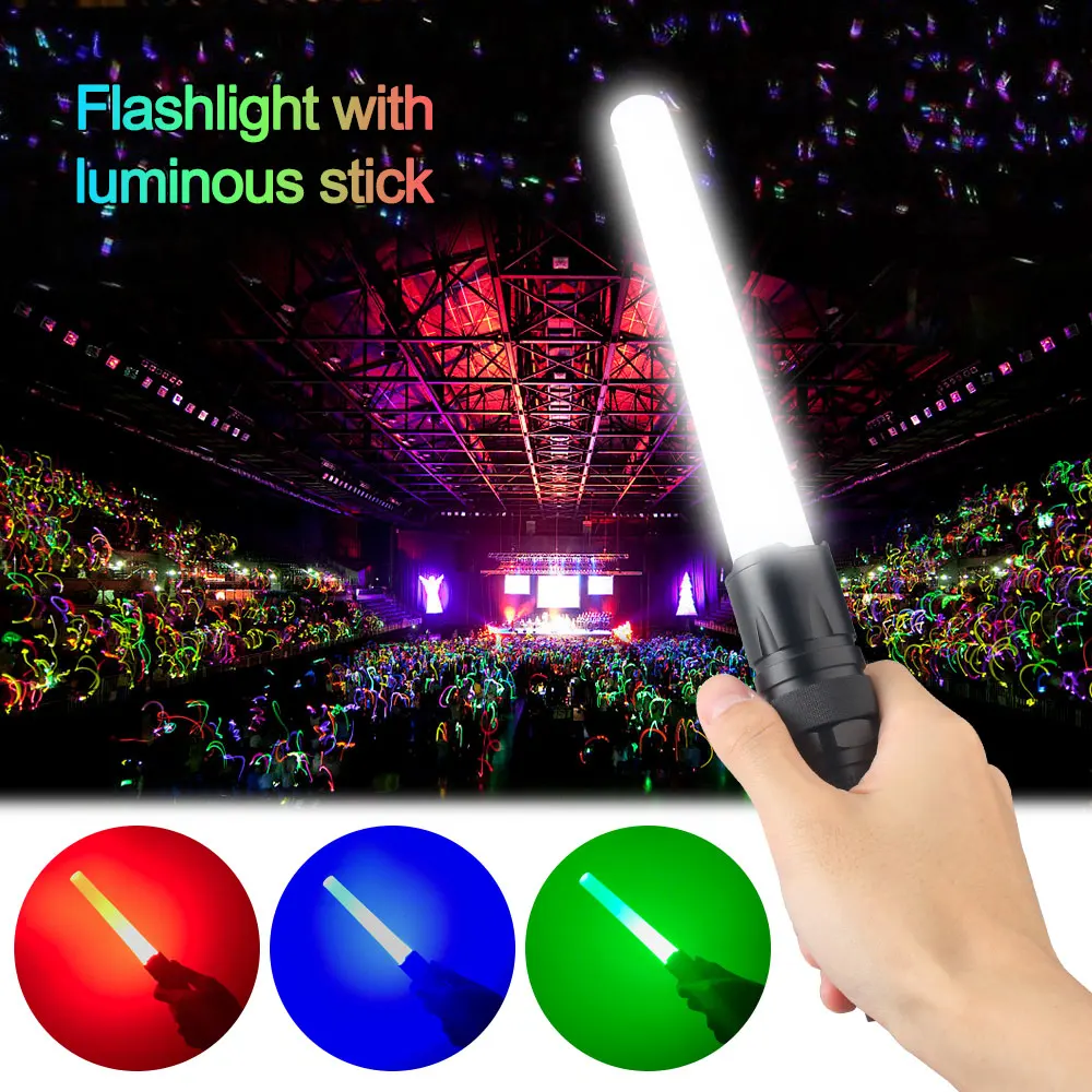 4 in 1 Outdoor Zoomable Hunting Flashlight 5 Modes Multi-color waterproof tactical light Torch with glow stick+18650+Charger best led torch