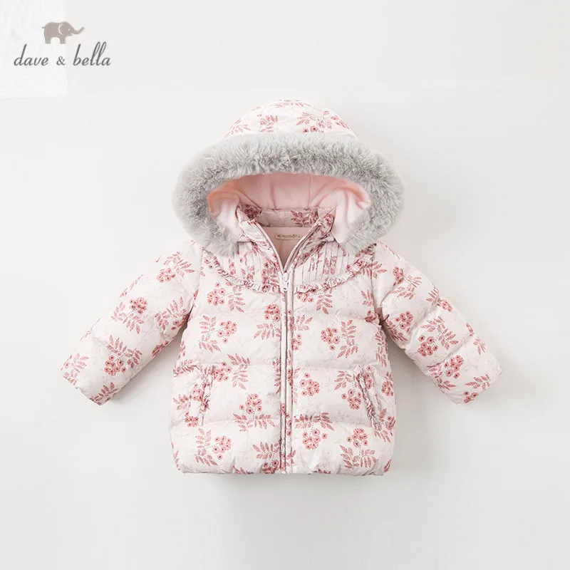 DBA11095 dave bella/зимнее детское пуховое пальто меховая верхняя одежда на молнии с капюшоном и принтом для девочек, детская куртка с подкладкой из 90% белого утиного пуха