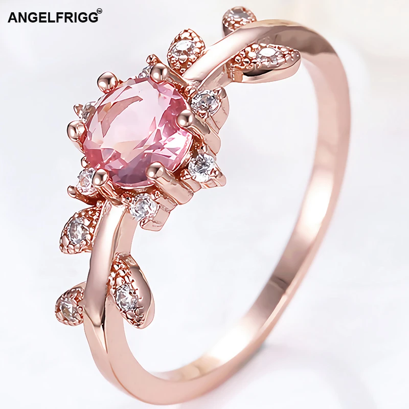 ANGELFRIGG новый дизайн лист цвета розовое золото палец кольца с круглым AAA CZ для женщин Свадебные помолвки статусные модные ювелирные изделия