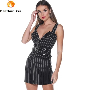 

2020 New Sexy V Neck Overall Mini Dress Women Vintage Black White Striped Print Zipper Rivet Punk Pencil Dress With Belt