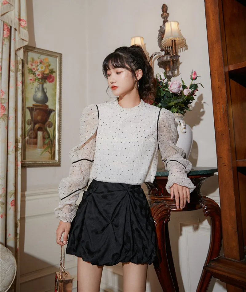 LANMREM 2020 round neck full sleeves autumn polka dots fashion women clothes white color pullover shirt female top WN