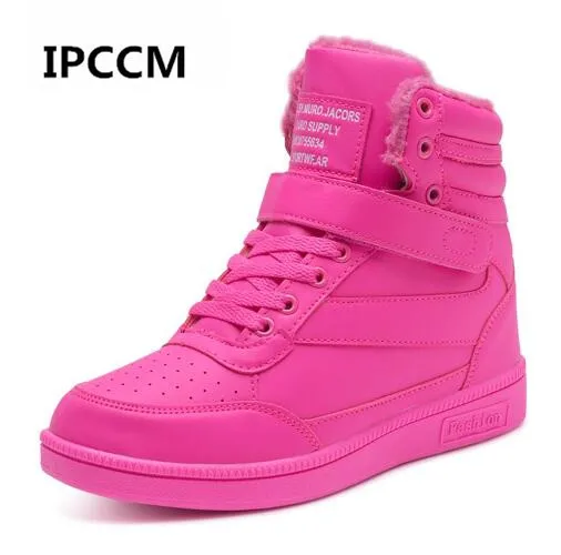 

2019 Winter Fall Women Casual White Shoes Espadrilles Invisible Increasing Sneakers Leather Platform Woman Warm plush High Top