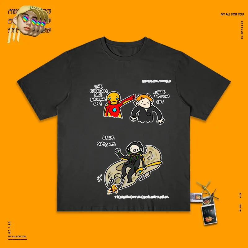 Wang You Disease Studio Hong Kong Flavor Chia Wind Hand Doodle футболка для мужчин и женщин Boyfriend Wind Tee - Цвет: Washed black