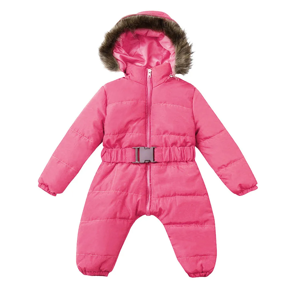 Зимний комбинезон-жакет для маленьких мальчиков и девочек; комбинезон с капюшоном; теплое плотное пальто; верхняя одежда; Рождественская одежда для малышей; зимние комбинезоны - Цвет: Hot Pink