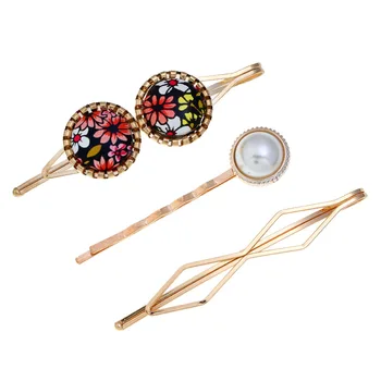 

DUOJIAOYAN Vintage Geometric shape Pearl Accessories Rhinestone Hair Clips Women Printing Alloy Barrette 3Pcs Crystal Hairpins