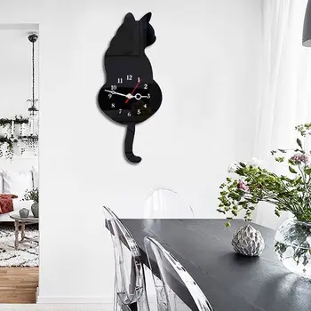 

HOT-3D Cute Cat Wall Clock Wag Tail Silence Home Decoration Kids Gift Black