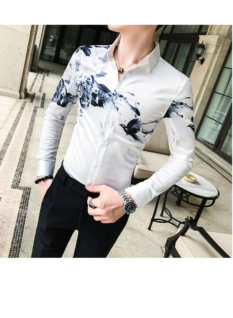 Chemise Homme модная мужская рубашка с длинными рукавами Осенняя Новая мужская рубашка с цифровым принтом вечерние мужские рубашки для ночного клуба