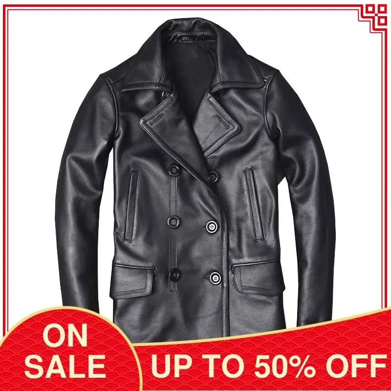 2020 Черная мужская длинная повседневная кожаная куртка двубортная размера плюс