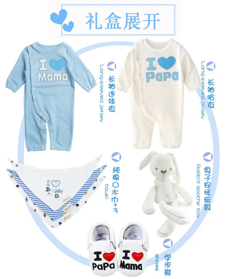 Одежда для малышей ropa bebe, Одежда для новорожденных девочек, комбинезон для маленьких мальчиков, Детский комбинезон+ Первые ходунки+ нагрудники+ кукла-кролик, комплекты, Подарочная коробка для малышей - Цвет: Небесно-голубой
