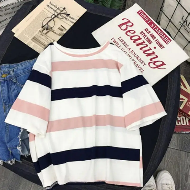 

MISSKY 2019 New Woman tshirt Summer Short Midriff-baring Short Sleeve Round Collar Tops Striped T-shirt Female Clothes