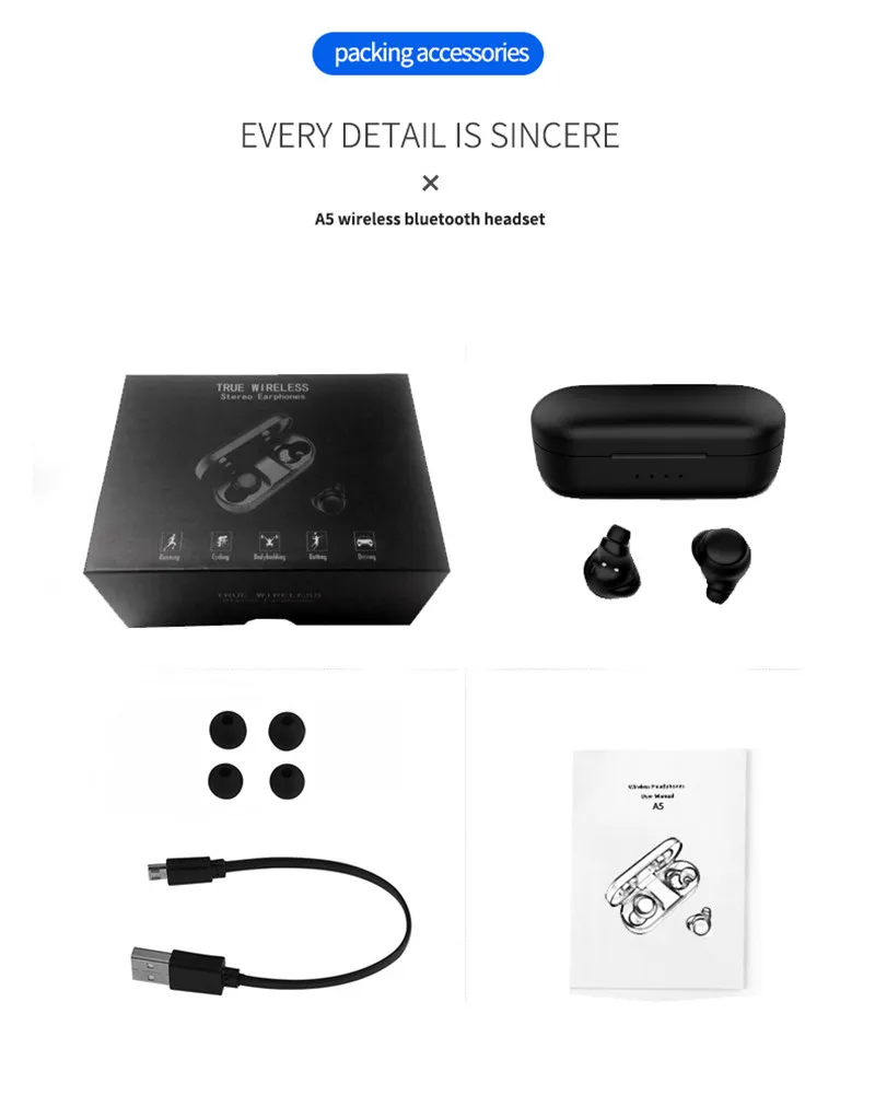 TWS A5 V5.0 Bluetooth наушники, беспроводная гарнитура с сенсорным управлением, свободные руки, спортивные наушники, шумоподавление, игровые наушники