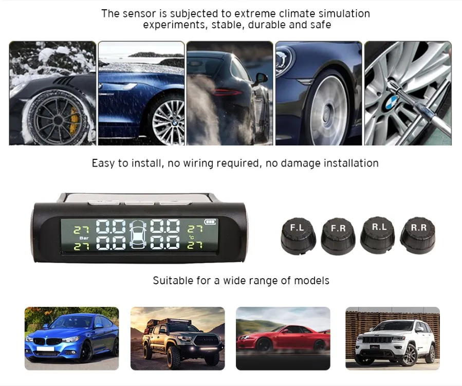 Авто TPMS Солнечная usb зарядка система мониторинга давления в шинах прочный в реальном времени HD экран Универсальный 4 внешних внутренних датчика