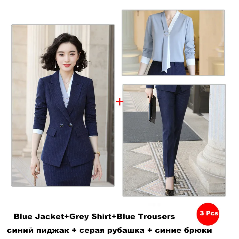 Полосатая юбка костюм профессиональный костюм офисный костюм для дам Униформа куртка с длинными рукавами юбка брюки формальная рабочая одежда 966 - Цвет: blue 3 pcs trouseres