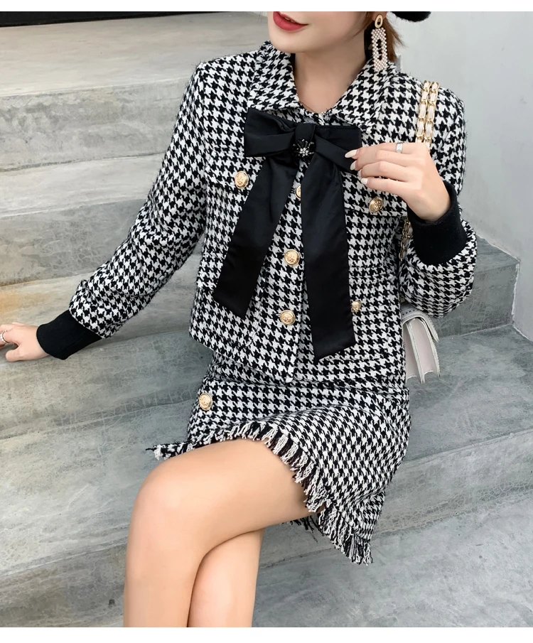 HAMALIEL High Quality Autumn Winter houndstooth Tweed 2 Piece Set Women Diamonds Bow Lapel Jacket+ Tassel Plaid Skirt Set