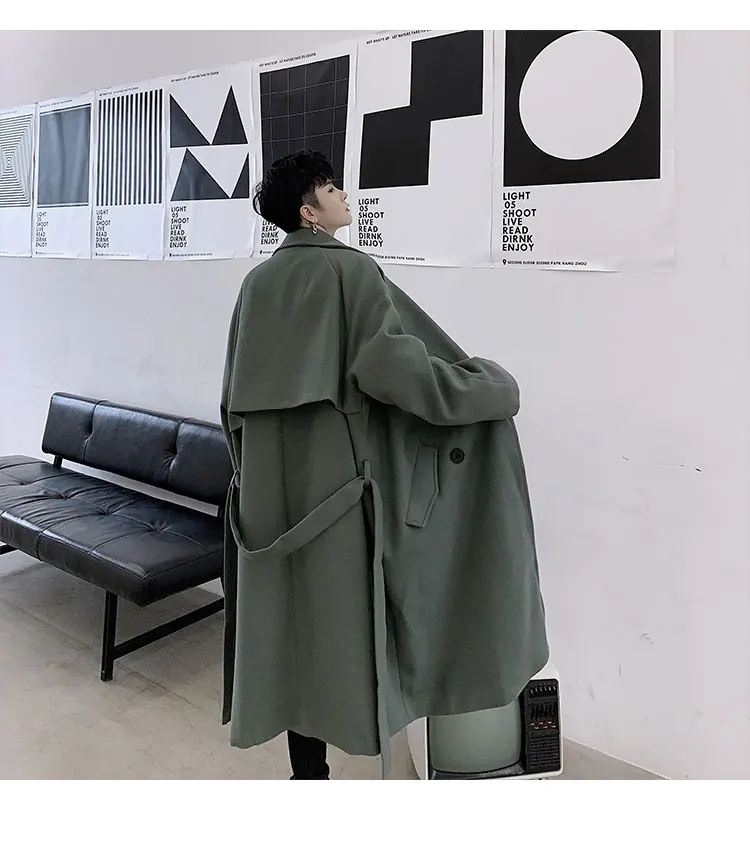 Male Vintage Streetwear Belt Wool Trench Coat Overcoat Men Autumn Winter Loose Long Double-breasted Woolen Jacket Windbreaker