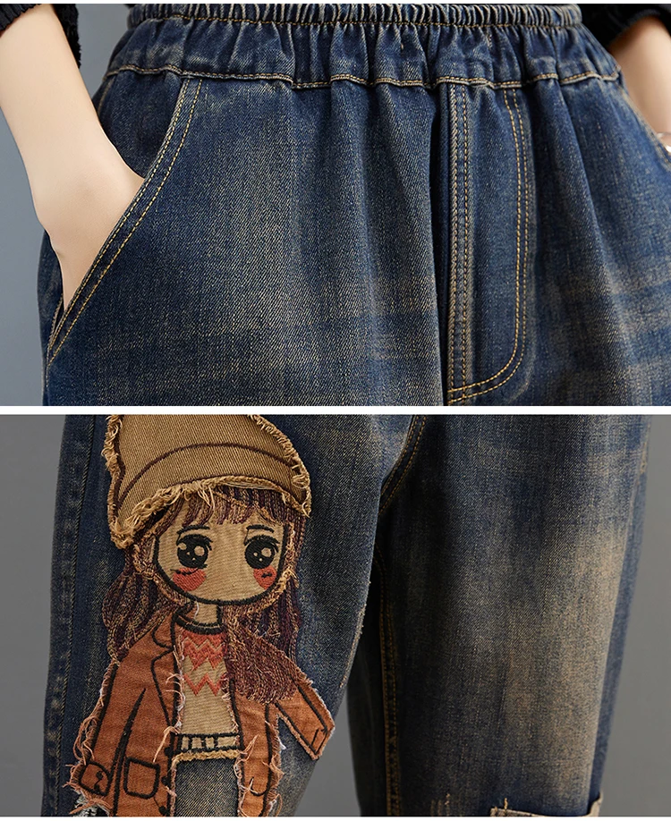 fashion clothing 6537 Cartoon Litter Girl Embroidery Denim Pants For Women Trendy Hole Casual High Waist Breeches Pockets Mom Harem Blue Jeans ladies jeans