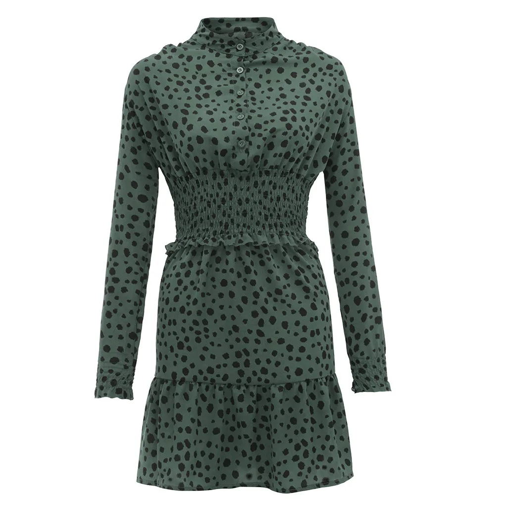 Женское платье Feitong, свободное, богемное, тонкое, Vestidos, в горошек, v-образный вырез, длинный рукав, пояс, мини платье, женское платье