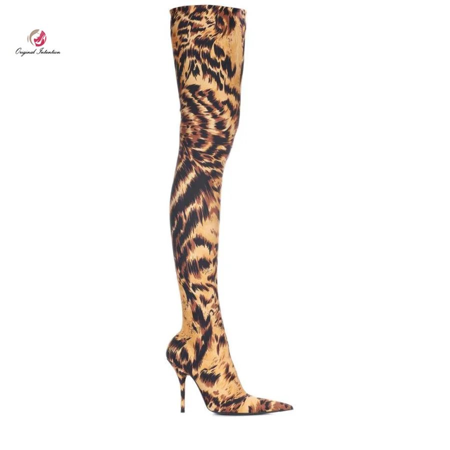 

Original Intention Stylish Popular Women Over the Knee Boots Pointed Toe Thin Heels Boots Leopard Shoes Woman Plus Size 5-16