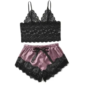 

2020 New Women Bow Sleepwear Sleeveless Strap Nightwear Lace Cami Top Satin Pajama Sets Femme Sexy Lingerie Pyjamas