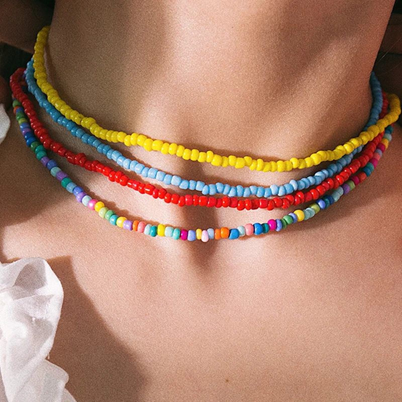 1pcs   Candy Color  Bohemian Handmade Rainbow Beads Choker NecklaceBead Satellite Necklace Women Fashion Jewelry Necklaces