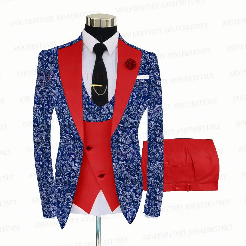Men Fashion Blue Floral Printed 3-Piece Suit Groom Wedding Tuxedo Slim Fit Shiny Blazer Vest Pants Set