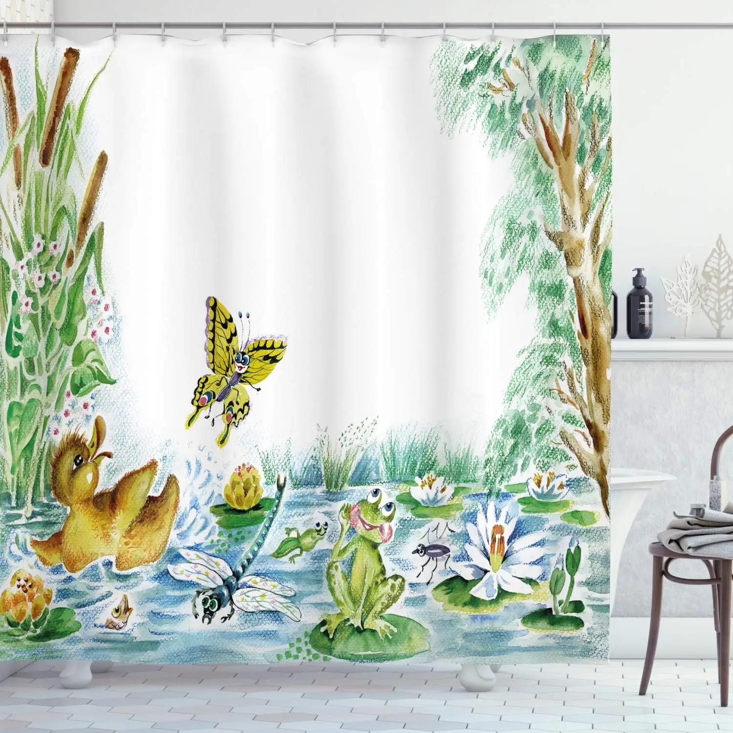 Kids Shower Curtain By Butterfly Duckling And Frog Playing