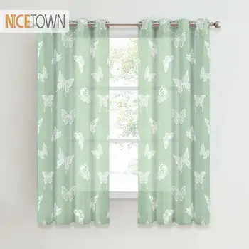 

NICETOWN Faux Linen Blend Textured Sheer Drapes Flutter Butterfly Pattern Print Curtains for Pastoral Dining Kitchen Cafe